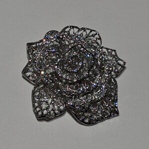 Vintage Silver Tone Filigree Crystal Accented Blooming Rose Openwork Brooch 3"